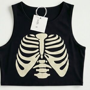 Black Crop Top with Skeleton Print